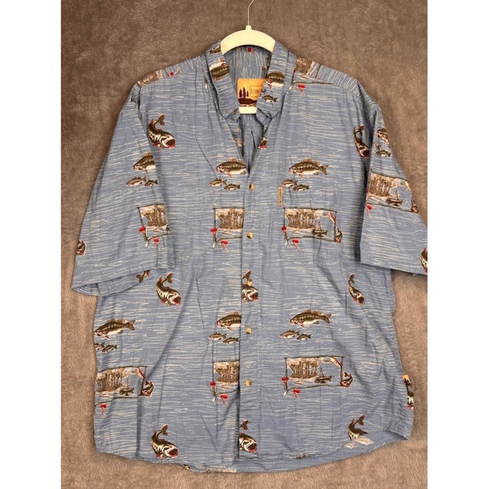 Outdoor Life Mens Blue Fishing Print Button Down Shirt Bass Lure Cotton Large